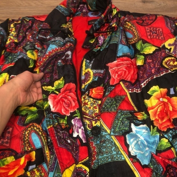 VTG 80s Elements Bright Colourful Floral Paisley Art Print Long Bomber Jacket - Picture 3 of 12